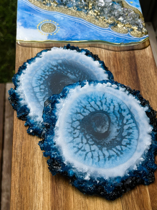 Blue and White Epoxy Resin Coasters Geode Set