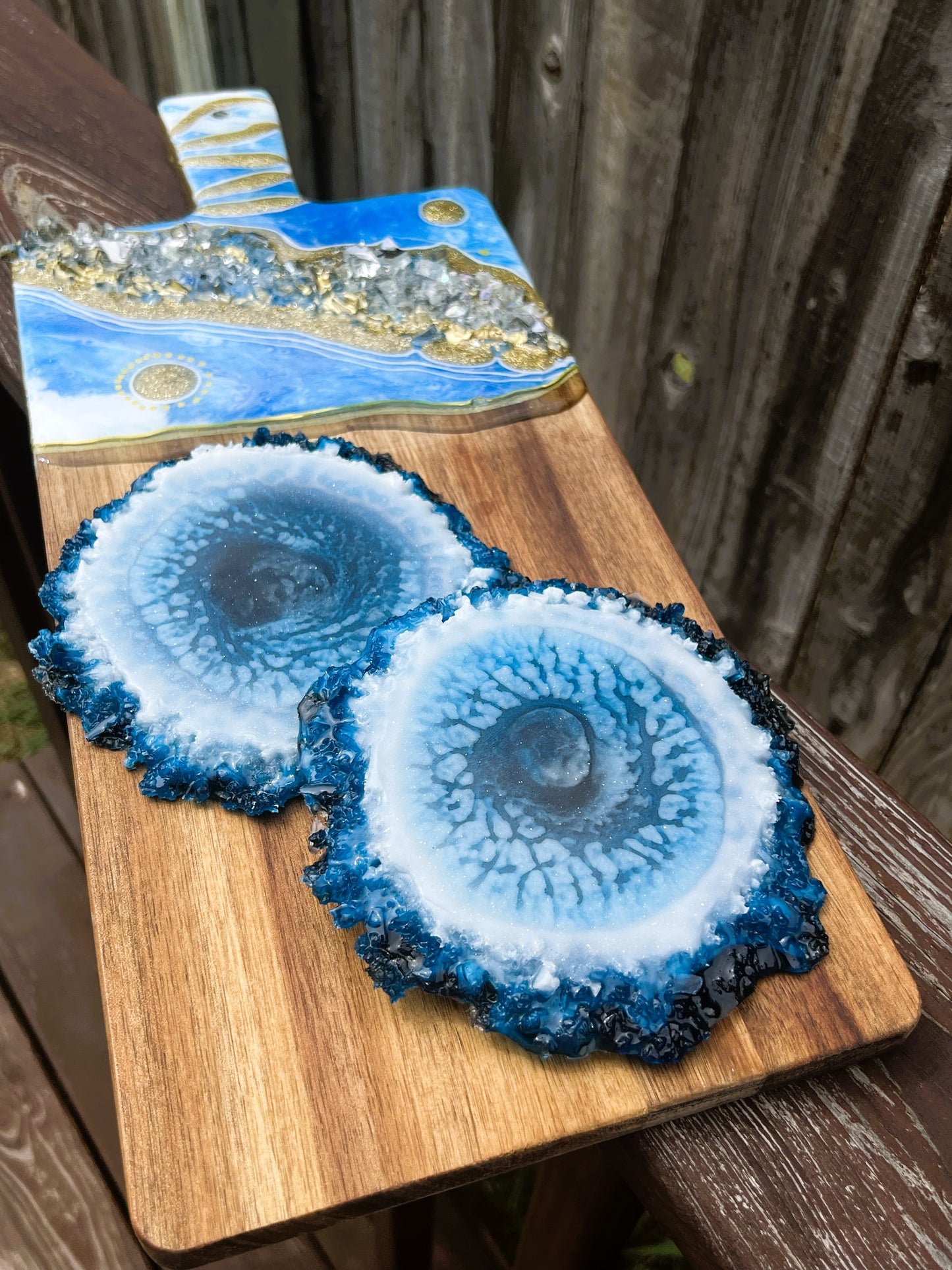 Blue and White Epoxy Resin Coasters Geode Set