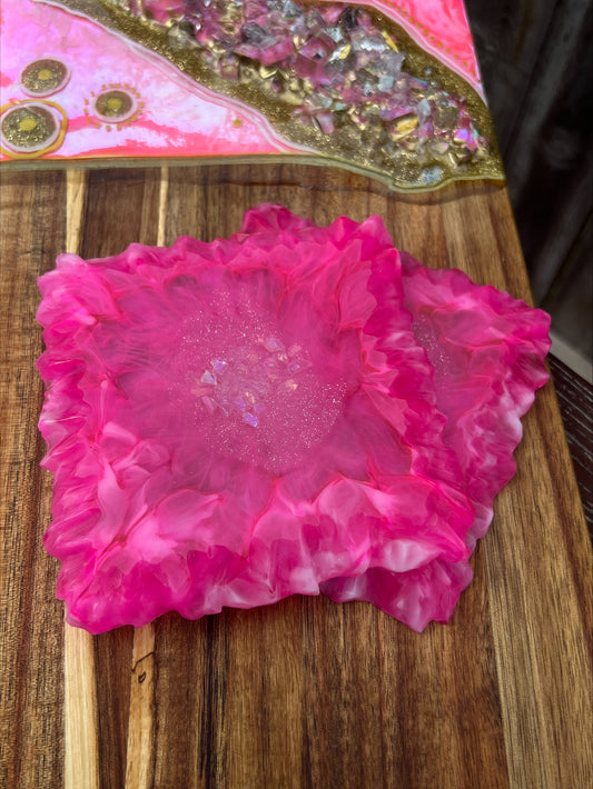 Hot Pink Epoxy Resin Coasters Geode Set